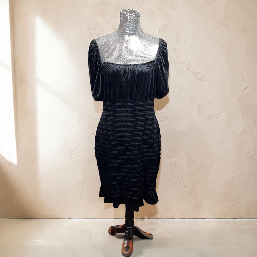 Y2K Whimsigoth Black Velvet Puff Sleeve Smocked Midi Dress Ruffle Hem Evening XL